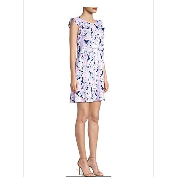 Lilly Pulitzer Dani Ruffled Abstract Shift Dress Color: High Tide Sz:M - Picture 2 of 11
